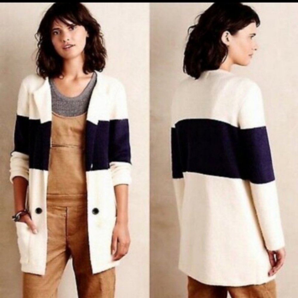 Anthropologie La Fee Verte Womens XL Navy Color Block Stripe Cardigan Sweater